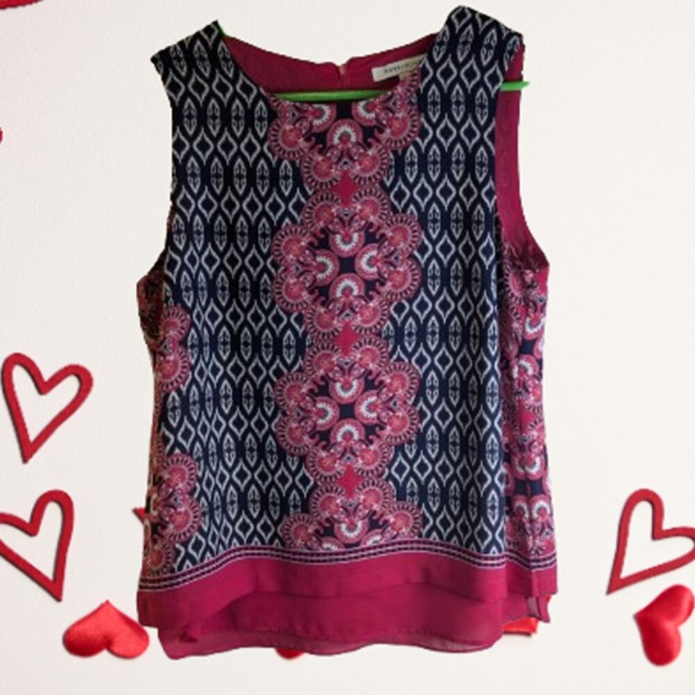 Rose + Olive Large sleeveless red white blue polyester woman's casual blouse